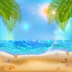 Fototapeta na wymiar Seaside Landscape. Summertime on the sunny tropical beach with palm leaves and sea shell. Summer vacation on exotic resort. Design template for sale banner, poster, flyer, card or traveling