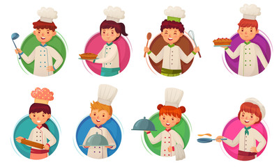 Little kid chef. Children cooking, kids cooks in circle frame and child chefs in round hole cartoon vector illustration set