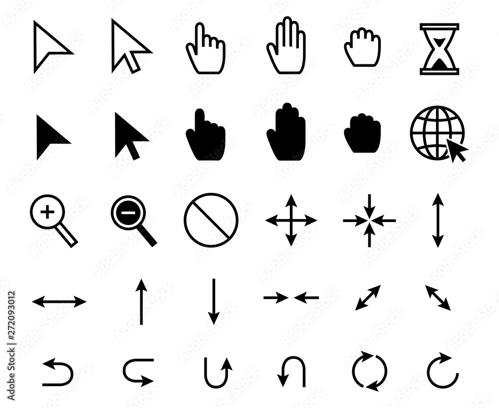 Poster cursor icons. web pointer clicking, scale arrow and magnifier icon. grab hand, pointing arrows and h