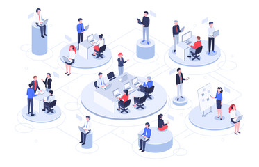 Isometric virtual office. Business people working together, technology companies workspace and teamwork platforms vector illustration - obrazy, fototapety, plakaty