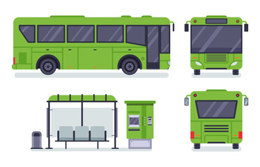 Flat city bus. Public transport stop, autobus ticket office and buses vector illustration set © Tartila