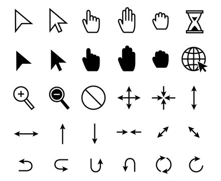 Cursor icons. Web pointer clicking, scale arrow and magnifier icon. Grab hand, pointing arrows and hourglass loading vector set