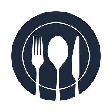 Cutlery icon. Spoon, fork and knife on the plate. Isolated image on white background. Restaurant menu symbol. Vector illustration