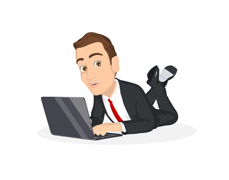 businessman lying on the floor and using laptop