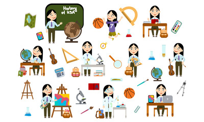 Girl with long black hair at school. Student in school uniform in different lessons: science, history, sports, art, maths, English, information technology, music. Conducting experiments. Cute Vector 