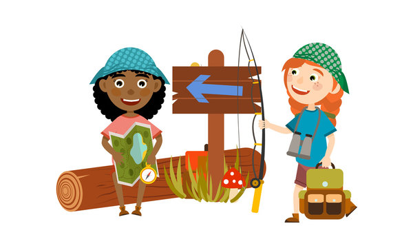 Two girls with backpacks, vests and bandanas are looking for a way with the help of a map and a compass. Camping and children's summer camp. Cute Vector Illustration