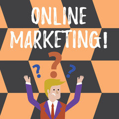 Word writing text Online Marketing. Business photo showcasing leveraging web based channels spread about companys brand Confused Businessman Raising Both Arms with Question Marks Above his Head