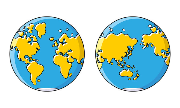 Planet Earth, World Map, Western And Eastern Globe Hemisphere.