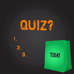 Conceptual hand writing showing Quizquestion. Concept meaning Short Tests Evaluation Examination to quantify your knowledge Color Gift Bag with Punched Hole on Two toned Blank Space