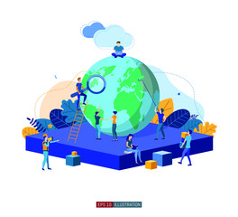 Trendy flat illustration. Teamwork metaphor concept. Globalisation. Learning. Education.  Knowledge. Training. Template for your design works. Vector graphics.