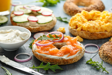 Healthy Bagels breakfast sandwich with salmon, scrambled eggs, vegetables and cream cheese