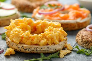 Healthy Bagels breakfast sandwich with scrambled eggs, salmon and cream cheese