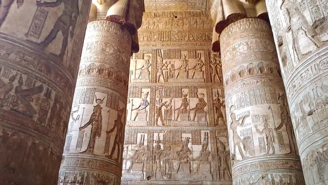 Beautiful interior of the temple of Dendera or the Temple of Hathor. Egypt, Dendera, near the city of Ken.