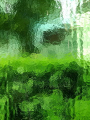 Blick durch das Riffelglas einer alten Haustür in den grünen Garten im Sommer bei Sonnenschein in...