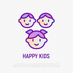 Happy smiling kids thin line icon: girl with tails and two boys. Modern vector illustration.