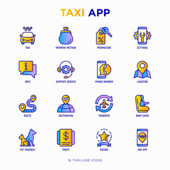 Taxi app thin line icons set: payment method, promocode, app settings, info, support service, phone number, location, pointer, route, destination, airport transfer, baby seat. Vector illustration.