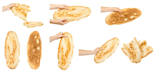 Hand with lavash bread, set and collection.