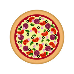 Italian pizza with tomato, sausage, pepperoni and olive. Top view. Vector illustration in flat style