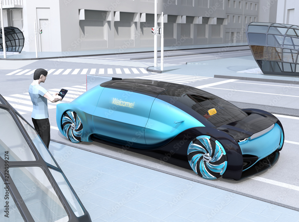 Poster low polygon style people use smartphone to unlock a self driving car's door, welcome message appear 