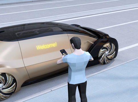 Low polygon style people use smartphone to unlock a self driving car's door, welcome message appear on the door. Ride sharing concept. 3D rendering image. 