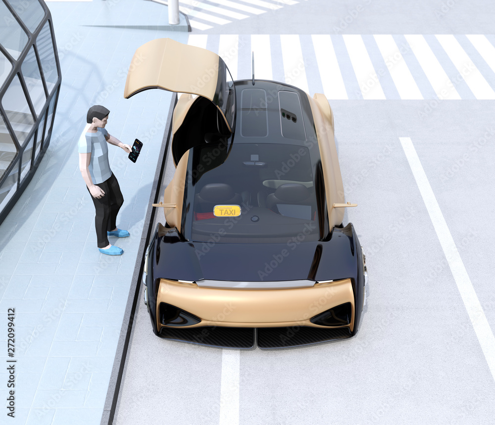 Poster low polygon style people use smartphone to request a self driving car for moving. ride sharing conce