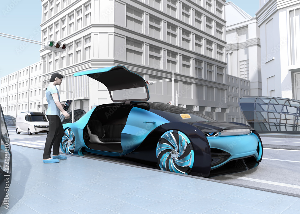 Poster low polygon style people use smartphone to request a self driving car for moving. ride sharing conce