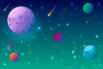 outer space cartoon background with colorful planets.