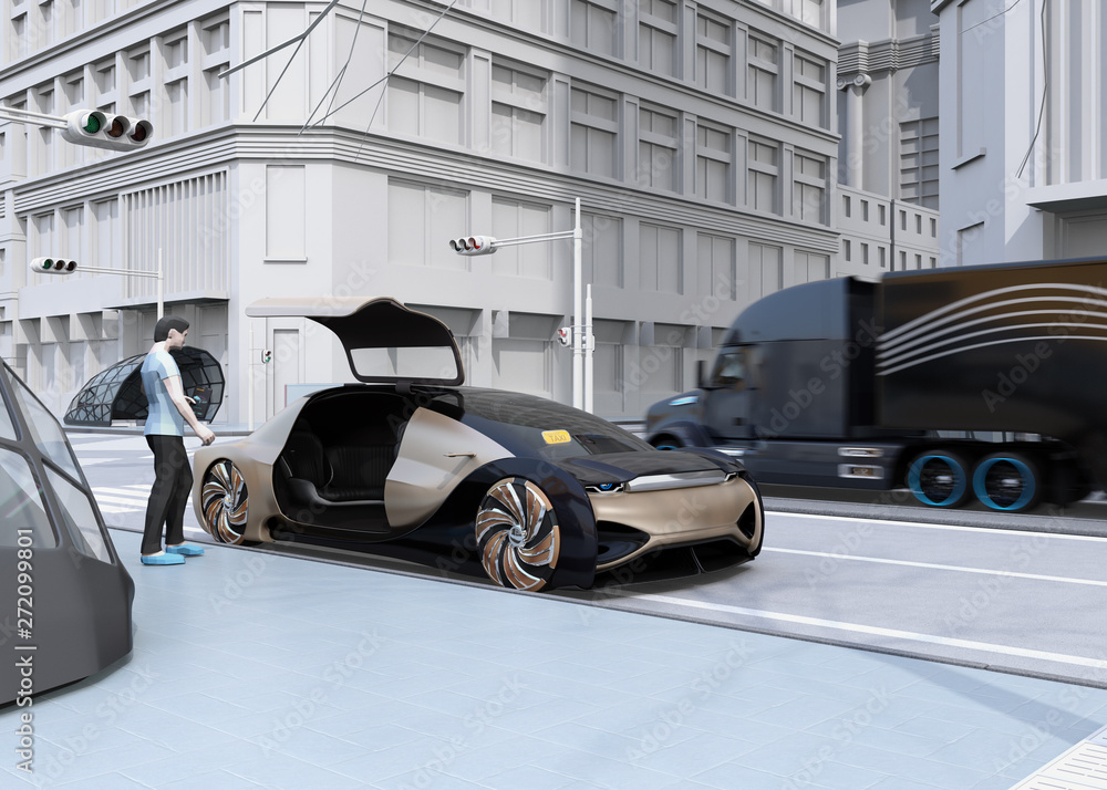 Poster low polygon style people use smartphone to request a self driving car for moving. ride sharing conce