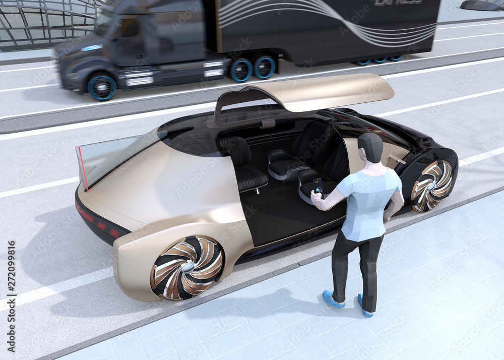 Poster low polygon style people use smartphone to request a self driving car for moving. ride sharing conce