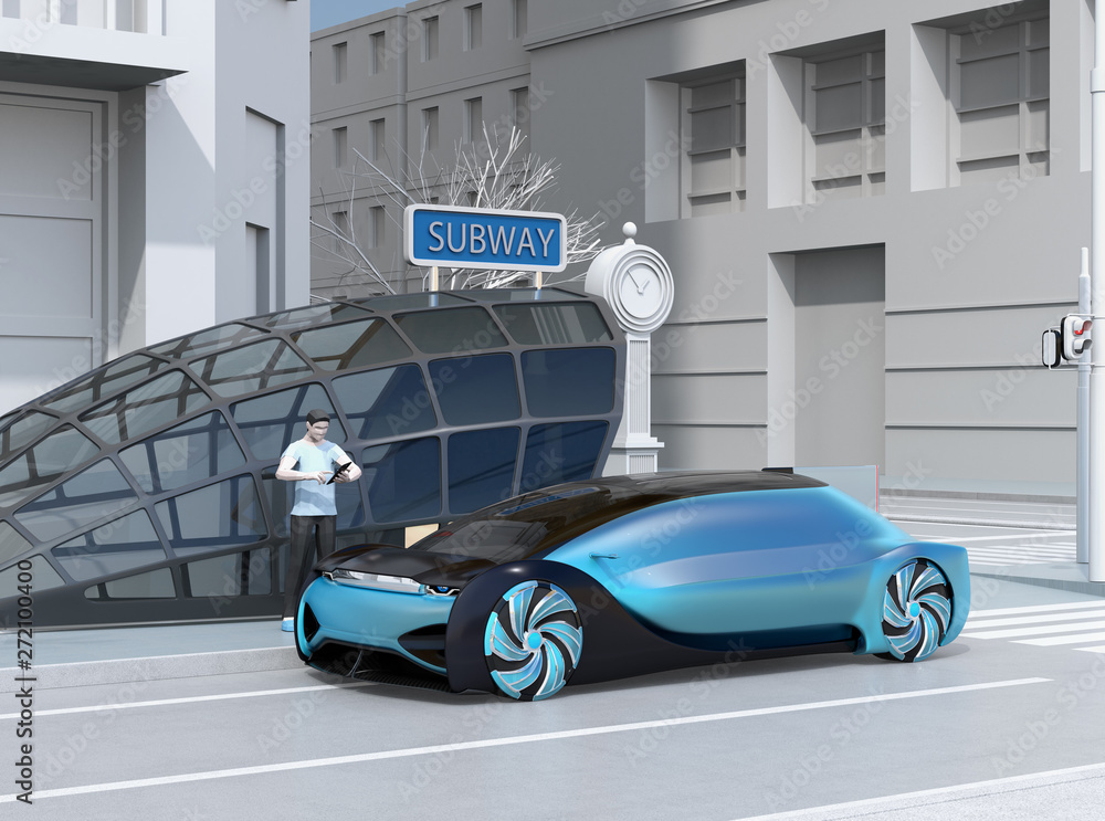 Poster low polygon style people use smartphone to request a self driving car for moving. ride sharing conce