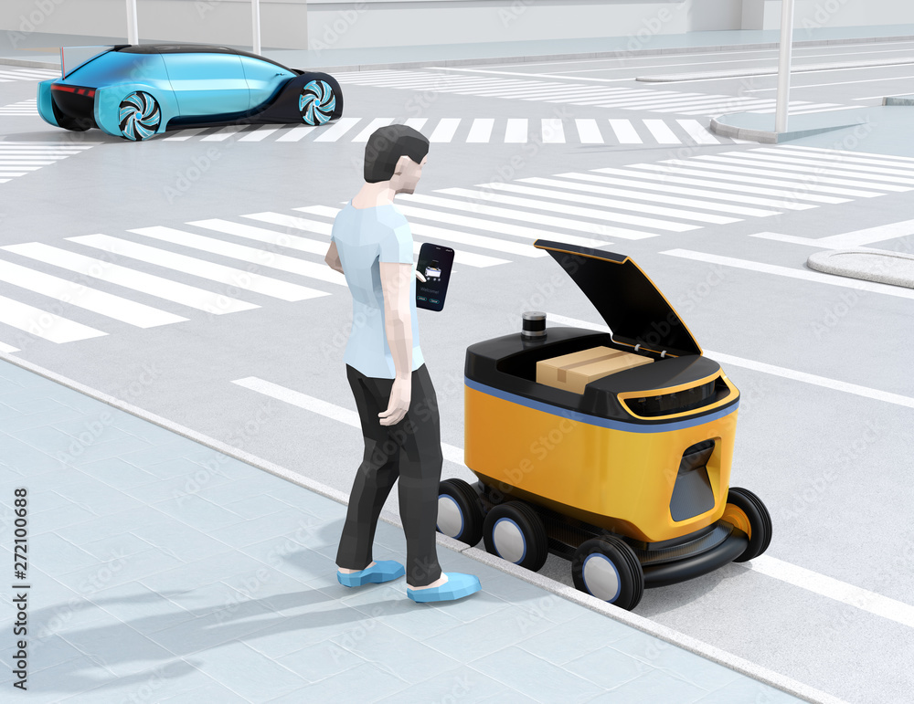 Poster low polygon style man using smartphone unlock and pick up parcel from self-driving delivery robot. l
