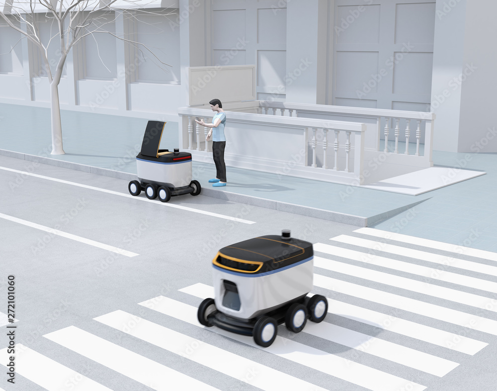 Poster low polygon style man pick up parcel from self-driving delivery robot. last one mile concept. 3d ren