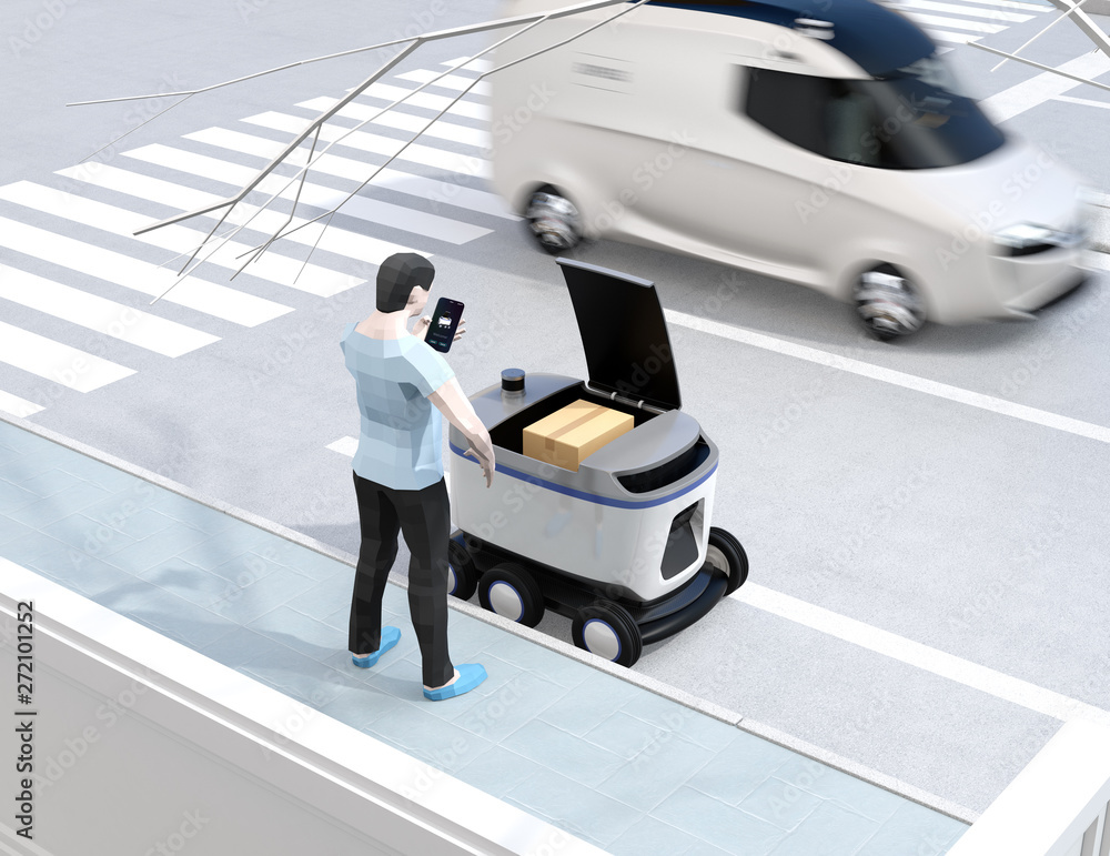 Poster low polygon style man using smartphone to unlock self-driving delivery robot's door. last one mile c