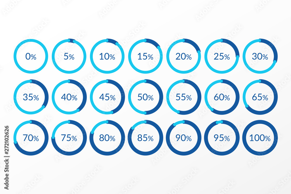 Wall mural Percentage vector infographics. 0 5 10 15 20 25 30 35 40 45 50 55 60 65 70 75 80 85 90 95 100 percent pie chart symbols. Isolated circle icons for business, download, web design