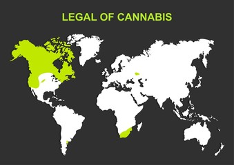 vector world map with Legal status of marijuana, cannabis, ganja, hemp, cbd.