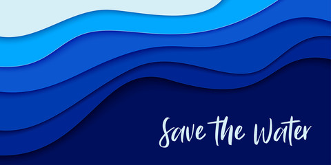 World Oceans Day banner, poster template. Deep blue sea waves paper cut style. Vector illustration EPS 10.