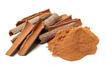 Cinnamon Sticks and Ground Cinnamon on a white background
