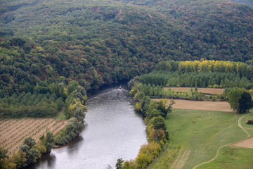 Fototapeta na wymiar Top view of the Dordogne River, fields, forests. France