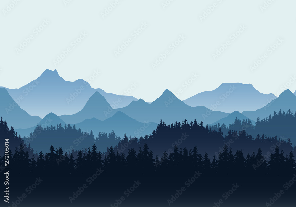 Wall mural realistic illustration of mountain landscape with hills and coniferous forest under blue sky. suitab