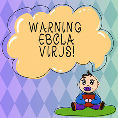 Text sign showing Warning Ebola Virus. Conceptual photo inform showing demonstrating about this deadly disease Baby Sitting on Rug with Pacifier Book and Blank Color Cloud Speech Bubble
