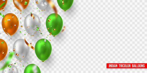 Vector balloons with confetti in tricolor of Indian flag. Decorative realistic elements for national holidays of India. Isolated on transparent background.