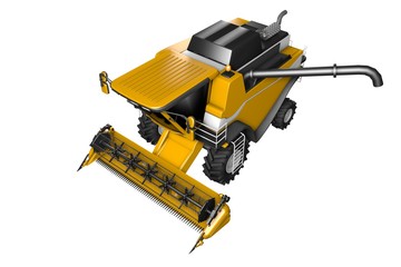 industrial 3D illustration of huge cg orange rural harvester with harvest pipe detached front top view isolated on white