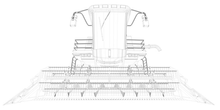 recommend clip art: Industrial 3D illustration of thin contoured, detailed 3D drawing of agricultural combine harvester with harvest pipe isolated, agricultural equipment research concept