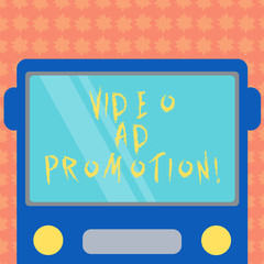 Writing note showing Video Ad Promotion. Business photo showcasing help drive more views and subscribers to your channel Drawn Flat Front View of Bus with Blank Color Window Shield Reflecting