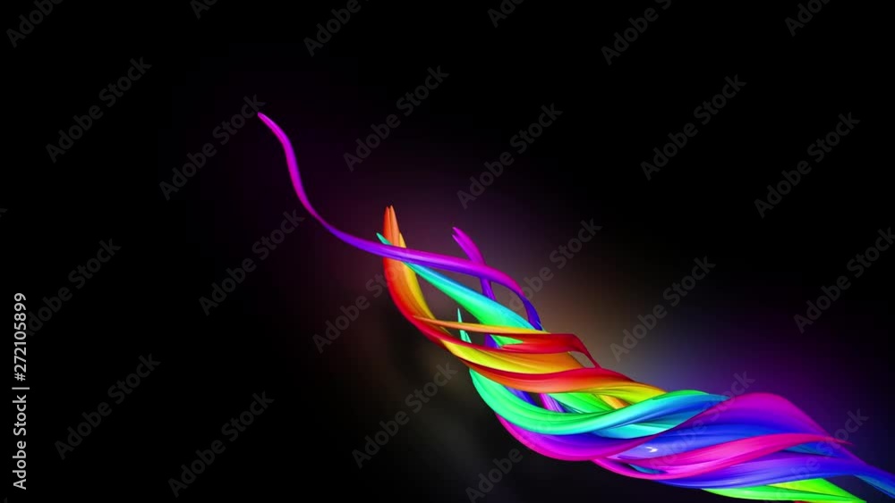 Poster 3d animation stream of colored ribbons fly on black background with neon light. rainbow gradient on 