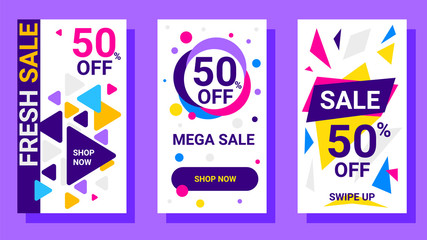 Vector set of modern template instagram story with bright triangle and circle elements, text on white background.