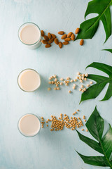 Glasses of milk: Almond, soy and lotus seed. Top view.