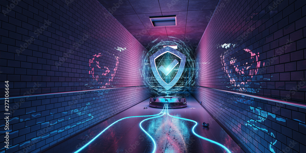Poster underground cyber security hologram with digital shield 3d rendering