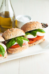 Close-up photo of sandwich, burger with caprese salad with ripe tomatoes, basil, buffalo mozzarella cheese. Italian and Mediterranean food concept. Fresh and healthy organic meal. 