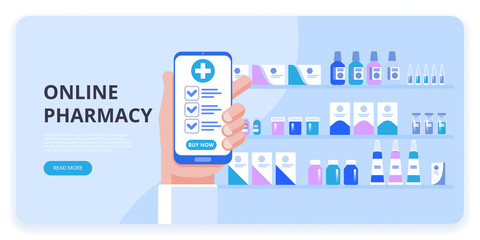 Hand holding smartphone buy online medicine. The concept of online pharmacy